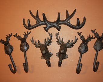 Rustic Cast Iron Antler Deer Head Wall Hooks / Rack,  - 7 items Free Ship