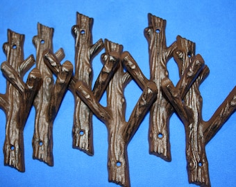 6) Forest Bathroom Decor, Tree Branch Towel Hooks, Cast Iron, 7 1/2" tall, Set of 6, H-42 Free Ship