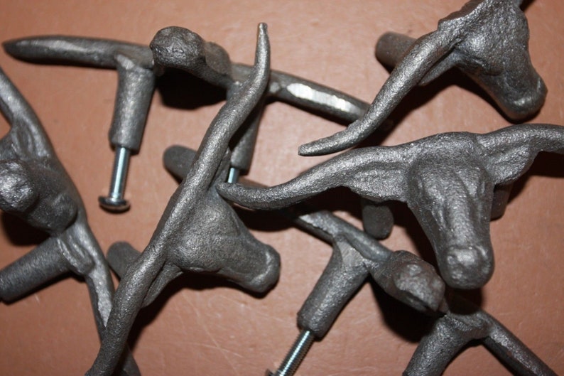 HW-65 Longhorn Knobs Pulls Rustic Cast Iron 5 inches wide 6 Set of 5 Kitchen Drawer Cupboard Cabinet Hardware