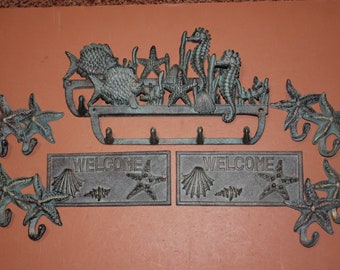 12) Beach House Welcome Hallway Decor Coat Hat Towel Key Wall Hooks, Antiqued Look Cast Iron, Set of 12, , Seabreeze Free Ship