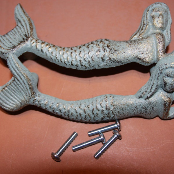 Mermaid Drawer Pulls Antiqued Bronze Look Cast Iron, 7 inches long, Salvaged Look Nautical Hardware, HW-54 Free Ship