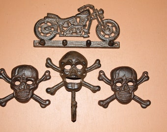 Gifts For Dad Skull Crossbones, Old Motorcycle, Cast Iron Wall Hooks / Plaque, Country Rider Free Ship