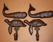 4) Rustic Nautical Beach house Bathroom Decor Cast Iron Sea Turtle Whale Towel Hooks Set, H-102 103 Free Ship
