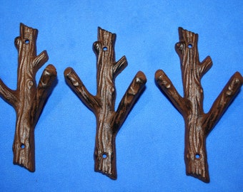 3) Country Cabin Theme Bathroom Decor, Tree Branch Towel Hooks, Cast Iron, 7 1/2" tall, Set of 3, H-42 Free Ship