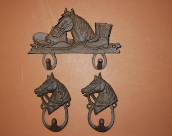 3) Rustic Tack Hooks,  Barn Farm Ranch Wall Decor, Horse / Horseshoe  Wall Mounted Hooks, Heavy Durable Cast Iron Free Ship