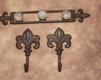 3) Fleur De Lis Decor Gifts For Dad, Purse Coat Hat Wall Hooks Set Crystal Look Knobs on Cast Iron,  H-114, 2xF-12 Free Ship