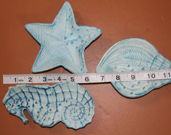 Gift Set of 3 Sea Life Shapes Design Catch-All Jewelry Dishes, Textured Cast Iron - For The Sea Free Ship