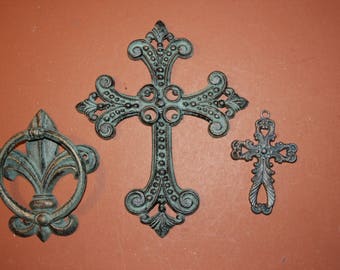 3) Fleur De Lis Door Knocker Set, Vintage Style Fleur De Lis Door Knocker and Wall Cross Set, Bronzed Look, Cast Iron, Free Ship