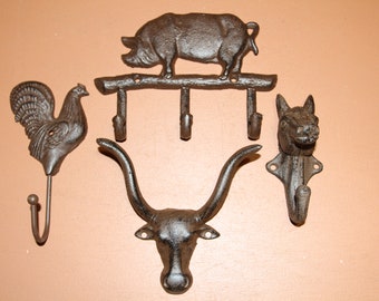 Barnyard Collection Farm Animals Wall Decor Rustic Cast Iron Wall Hooks - 4 items Free Ship