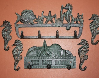 6) Beach Bath House Hallway Decor Coat Hat Towel Key Wall Hooks, Antiqued Look Cast Iron, Set of 6, , Seabreeze Free Ship