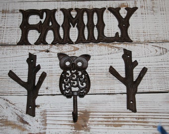 Nature Lover Entryway  Owl Tree Branch Wall Hooks, Plaque, Cast Iron, Family Fun  - 4 items Free Ship