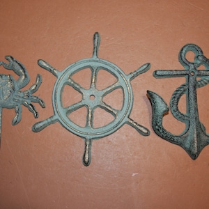 3) Nautical Cast Iron Wall Decor, Ships Wheel Wall Plaque, Crab Anchor Wall Hook Set, Antiqued Look Cast Iron Set Free Ship