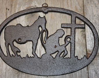 Praying Cowboy Cast Iron Plaque 9 1/4 inches ~ W-16B Free Ship