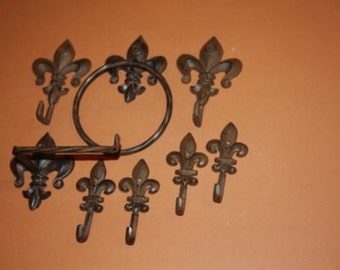 8)  Fleur De Lis bath accessories,  towel ring, toilet paper holder, wall hooks, cast iron Fleur De Lis bath, Free Ship