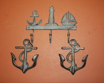 3) Seaview Coat and Hat Hook Set of 3, Bronze-look Anchor Lighthouse sailboat decor, sailing wall hooks, cast iron,~ Free Ship