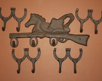 5) Cast iron cowboy farm and ranch coat and hat hook, cast iron horse shoe wall hook, horse shoe decor, Free ship W-12,9 Free Ship