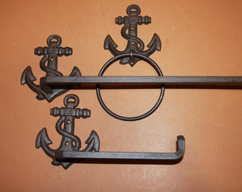 3) Vintage Look Heavy Cast Iron Nautical Bathroom Decor, Anchor Towel Bar Rack, Towel Ring, Paper Holder, Shipping Included