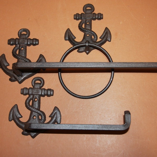 3) Vintage Look Heavy Cast Iron Nautical Bathroom Decor, Anchor Towel Bar Rack, Towel Ring, Paper Holder, Shipping Included