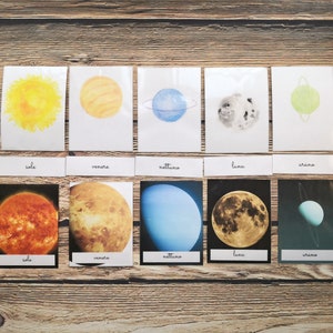 Carte UNIVERSO Nomenclatura Montessori, Flash card PIANETI, Materiale educativo digitale, educazione parentale Montessori