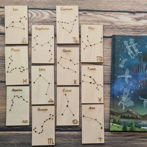 Carte in legno costellazioni, Materiale studio in legno segni zodiaco, educativo tipo Montessori, regalo mamme e bambini