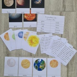 Puede incluir: Tarjetas educativas con planetas y cuerpos celestes. Las tarjetas muestran imágenes de la luna, Marte, la Tierra, Júpiter y el sol, con etiquetas manuscritas. Tarjetas adicionales muestran ilustraciones en acuarela y notas manuscritas.