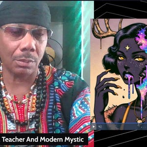 Puede incluir: Un hombre con gorro negro, gafas y una camisa estampada colorida. A su lado, una ilustración de una mujer con cuernos, una estrella en la frente y elementos cósmicos coloridos. El texto en la parte inferior dice "Baba XL Spiritual Teacher And Modern Mystic."