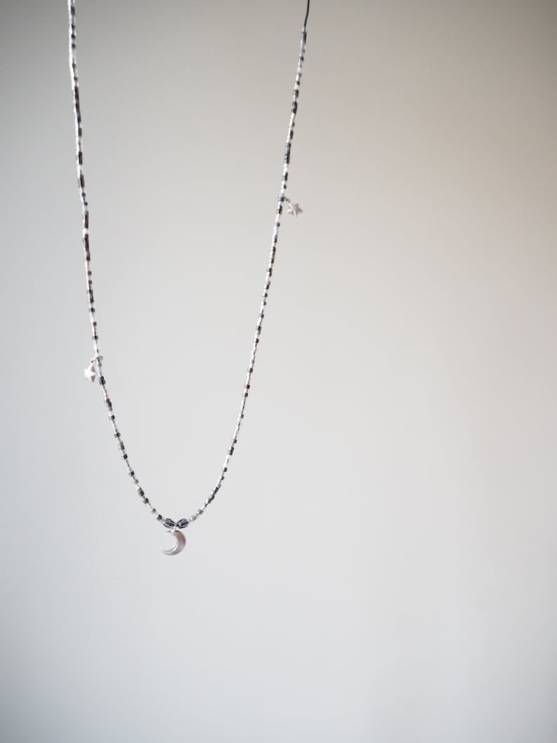 Minimal Dainty and Cute Beaded Necklace with Moon and Stars