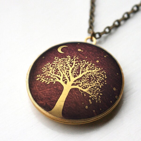 Moonlit Tree locket with long chain, locket pendant, forest locket, moon, handmade gift, tree necklace, illustrated locket