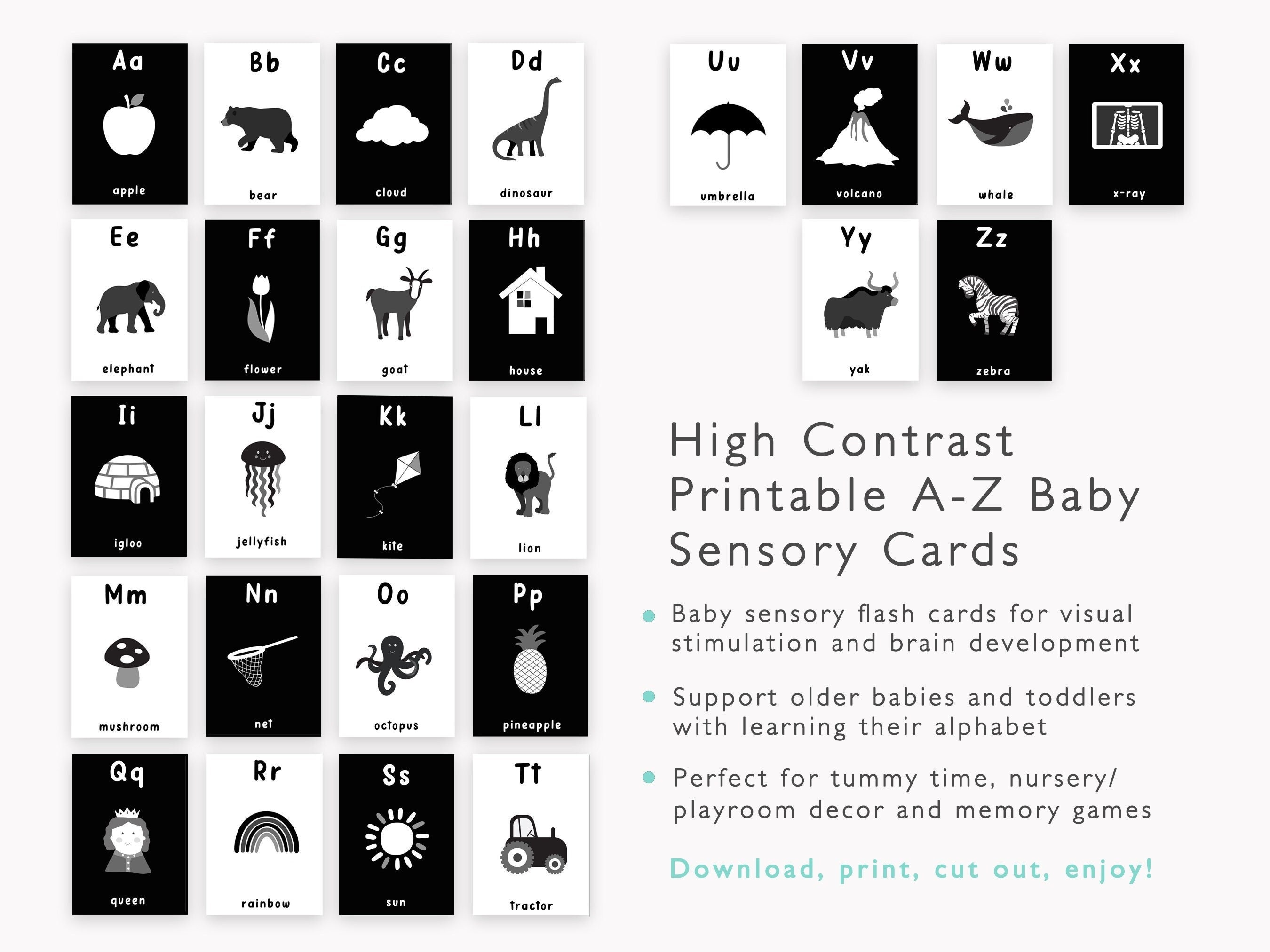 Baby Sensory Alphabet Cards, Printable High Contrast Flash Cards
