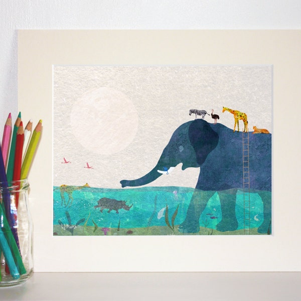 Water Slide Illustration print, 12 x 10 inches, illustration, picture, animals, children's illustration, gift, print, elephant