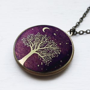 Moonlit Tree Locket Necklace, Handmade Photo Locket, Tree Locket, Dreams Locket with Long Chain, Tree and Stars Necklace, Gift Locket