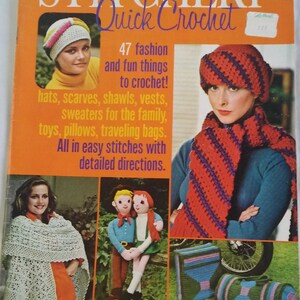 May include: A vintage McCall's Stitchery Quick Crochet magazine cover featuring a woman wearing a red and purple striped crocheted hat and scarf. The cover text reads "Stitchery Quick Crochet, Volume IV, 47 fashion and fun things to crochet!"