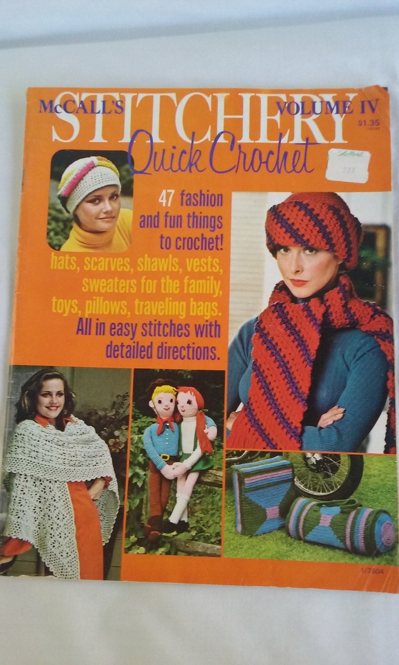 May include: A vintage McCall's Stitchery Quick Crochet magazine cover featuring a woman wearing a red and purple striped crocheted hat and scarf. The cover text reads "Stitchery Quick Crochet, Volume IV, 47 fashion and fun things to crochet!"