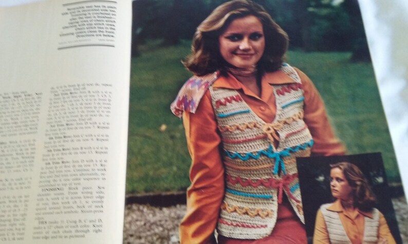 May include: A crochet vest with a colorful striped pattern and a tie closure. The vest is worn over a long-sleeved orange shirt and a red skirt. The image also shows a close-up of a girl wearing a similar vest.