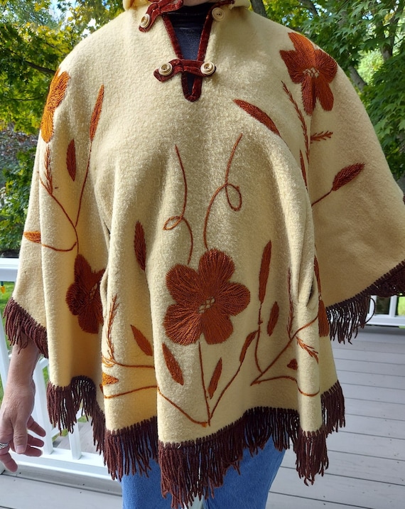 Wool Poncho Cape: 1960s Embroidered Floral Fringed Vintage