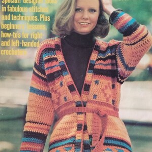 May include: A crochet book cover featuring a woman wearing a colorful crocheted cardigan with a belt. The book title is "McCall's How To Crochet It Book Three".