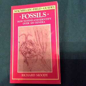 May include: A red and gold book titled "Fossils" by Richard Moody. The book cover features illustrations of fossils and the text "How to Find and Identify Over 300 Genera". The book is part of the Macmillan Field Guides series.