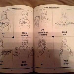 May include: A black and white illustration of a workbook page with images of people signing different words in American Sign Language. The words are written in English and Spanish. The words are: and, about, will, don't, but, can, I, have.