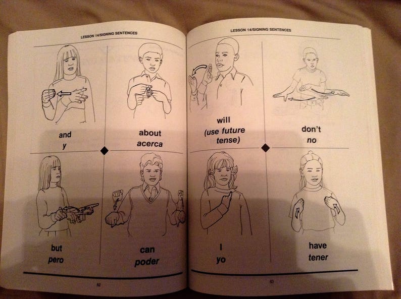 May include: A black and white illustration of a workbook page with images of people signing different words in American Sign Language. The words are written in English and Spanish. The words are: and, about, will, don't, but, can, I, have.