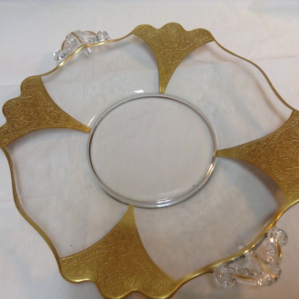 Crystal, Glass Serving Platter with Golden Accents, Etchings & Decorative Handles