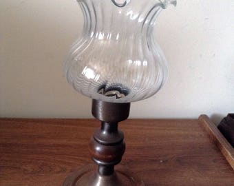 Candle Holder Lamp with Faux- Wooden Base and Tulip-Shaped Clear Glass Globe  Vintage Accent Collectible