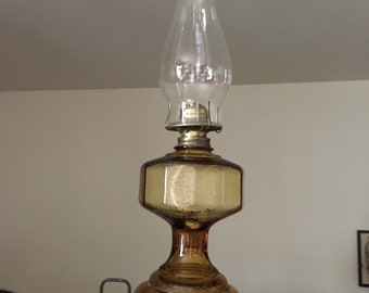Hurricane Lamp 20” Tall Amber Colored Glass Polygon-Shaped Ornately Etched Designed Oil Lamp with Clear Glass Globe