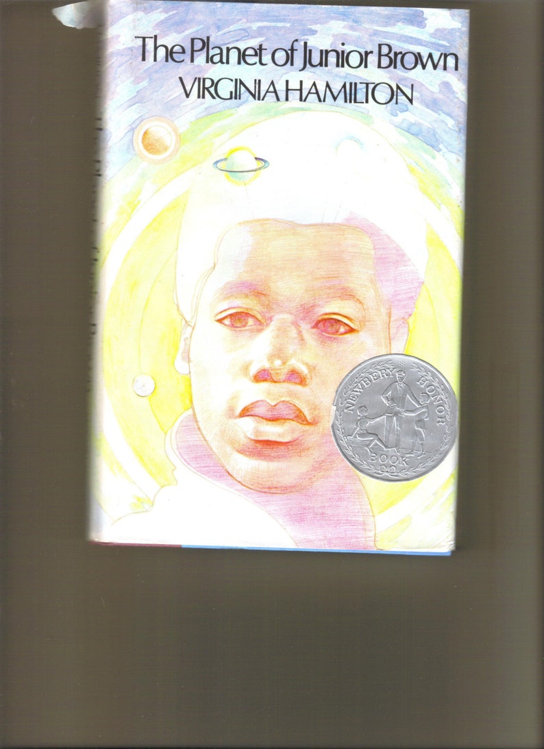 May include: The Planet of Junior Brown by Virginia Hamilton, a children's book cover with a watercolor illustration of a young Black boy with a light blue background and a Newbery Award sticker.