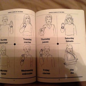 May include: A black and white illustration of a person signing the days of the week in American Sign Language. The days of the week are written in English and Spanish below each illustration.