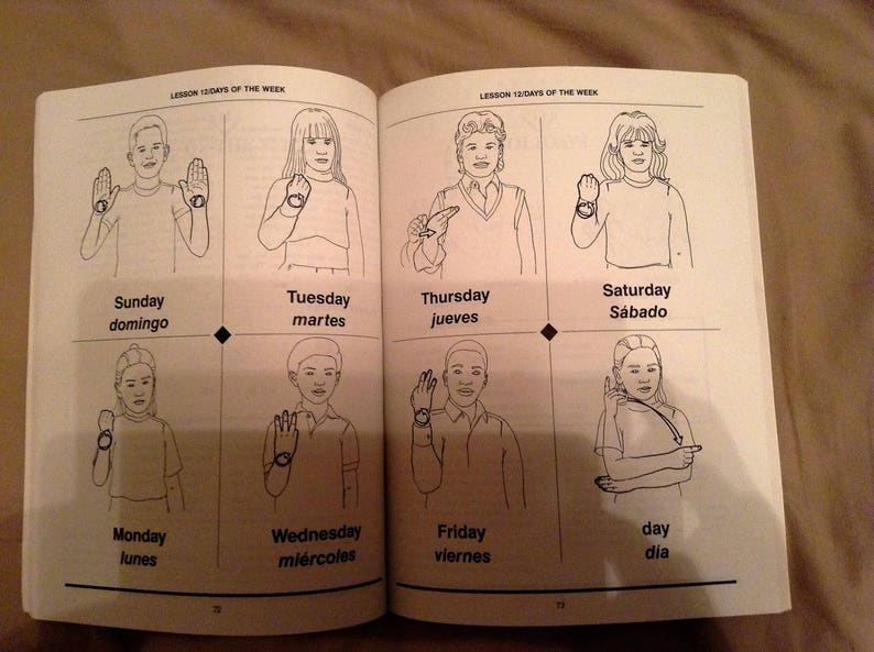 May include: A black and white illustration of a person signing the days of the week in American Sign Language. The days of the week are written in English and Spanish below each illustration.