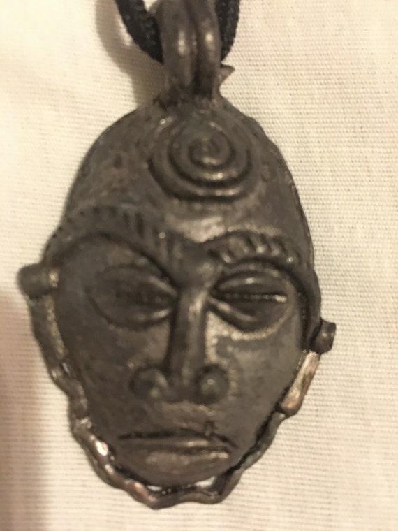 Tribal Mask Pendant Necklace Silver Cast Iron Tri… - image 1