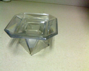 Glass Candle  Holder  Dimensional - Shaped Clear See Through Thick Cut Glass Candle Holder Vintage Collectible