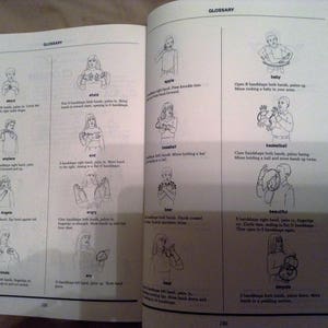May include: A black and white illustrated glossary of American Sign Language (ASL) signs. The signs are organized in alphabetical order and include the sign for "airplane", "angel", "baby", "bear", "beautiful", "bike", "bird", and more.