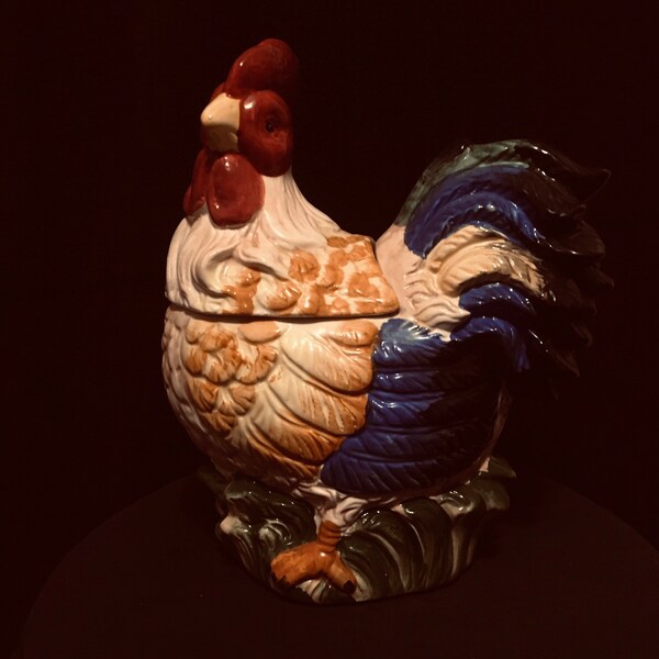 Rooster Canister Multi-Colored Tall 2pc Glazed Ceramic Country Kitchen Figurine of a Rooster