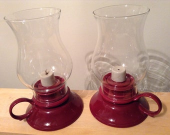 Porcelain Burnt Red Cup-Shaped Base Hurricane Oil Lamps with Finger Ring Clear Glass Globe by lamplight farms